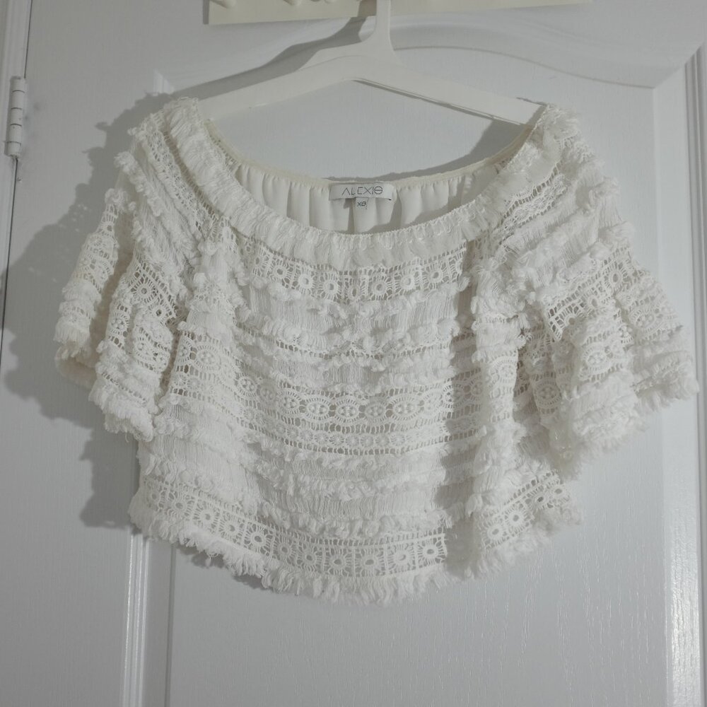 ALEXIS revolve white cropped of the shoulder Fringe top Size XS